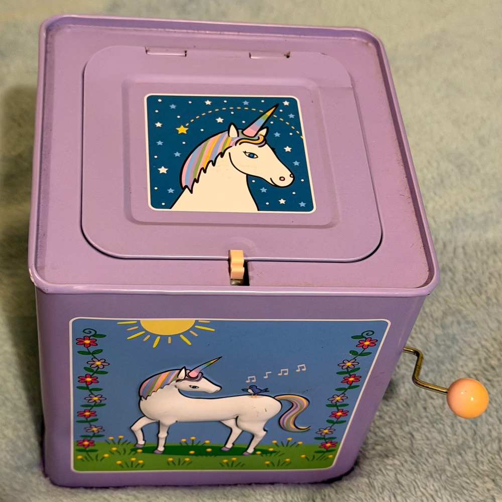 Unicorn Jack-in-the-Box Musical Toy Purple Tin Pop Up Jack Rabbit Creations